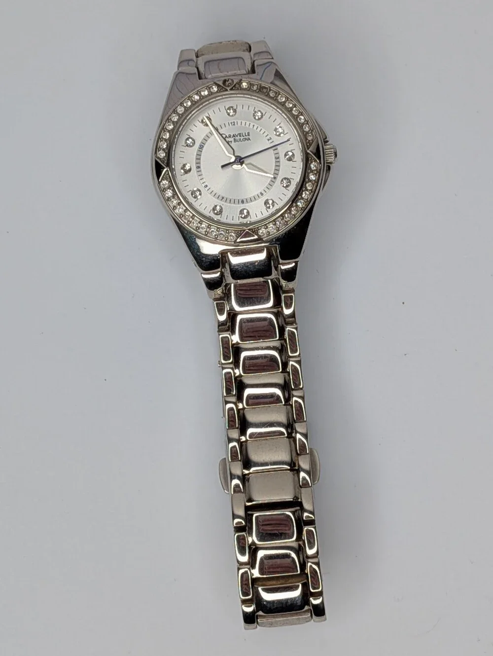 Caravelle Bulova Womens Watch Silver Tone Rhinestone Bezel Mother of Pearl Dial